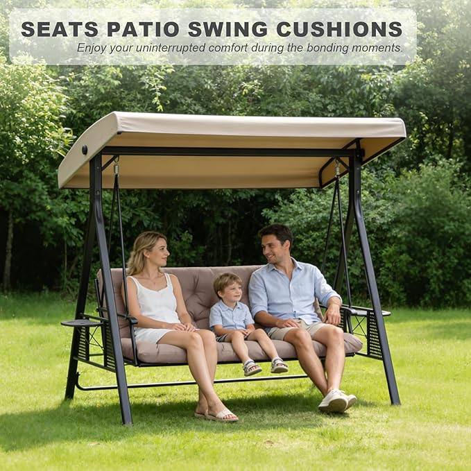 Porch Swing Cushions,Outdoor Cushions 3 Seater Replacement with Backrest, Waterproof Thickened Bench Cushion with Ties for Porch, Patio,Outdoor, Backyard and Garden (Khaki 40 * 40 in)