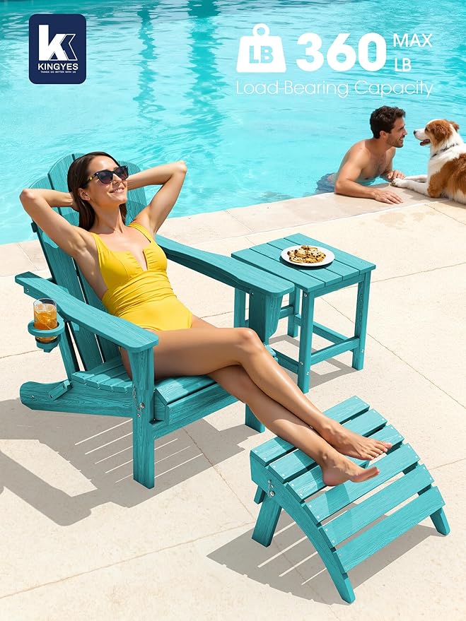 KINGYES Folding Adirondack Chair Set of 4, HDPE All-Weather Patio Chairs with Cup Holder, Wooden Textured Fire Pit Chairs for Poolside, Backyard, Deck, Aruba