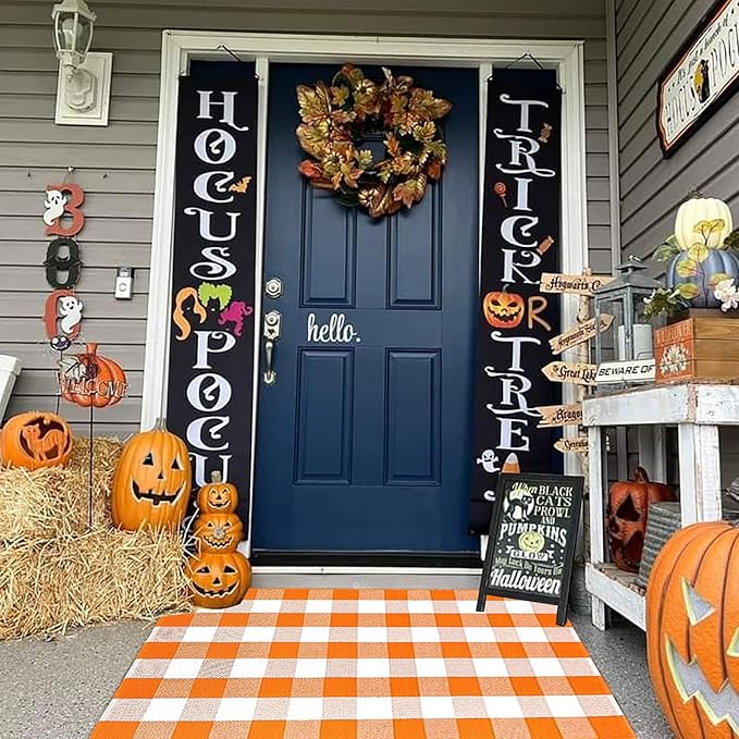 Buffalo Plaid Outdoor Rugs, 3'x5' Orange and White Checkered Indoor/Outdoor Area Rug, Layering Rug for Hello/Welcome Door Mat, Washable Cotton Woven Farmhouse Mat for Fall Front Porch Décor