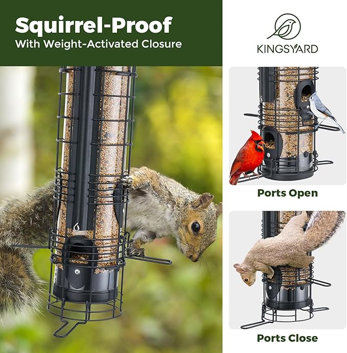 Kingsyard Squirrel Proof Bird Feeder for Outside Hanging, Weight-Activated All-Metal Wild Bird Feeders for Cardinal Finch, Detachable Base Easy to Clean, 3 LBS Capacity,Black