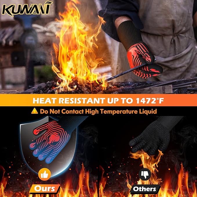 BBQ Gloves, 1472°F Heat Resistant Gloves Fireproof Mitts, Grilling Gloves Silicone Non-Slip Washable Oven Glove, Kitchen Glove for Barbecue, Grilling, Cooking, Baking, Camping, Smoker (Red)