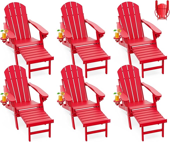 GREENVINES Adirondack-Chairs-with-Ottoman | Set of 6 | Folding | Retractable-Footrest | HDPE Plastic | All Weather Fire Pit Chair | Cup Holders | Red | for Outdoor Poolside