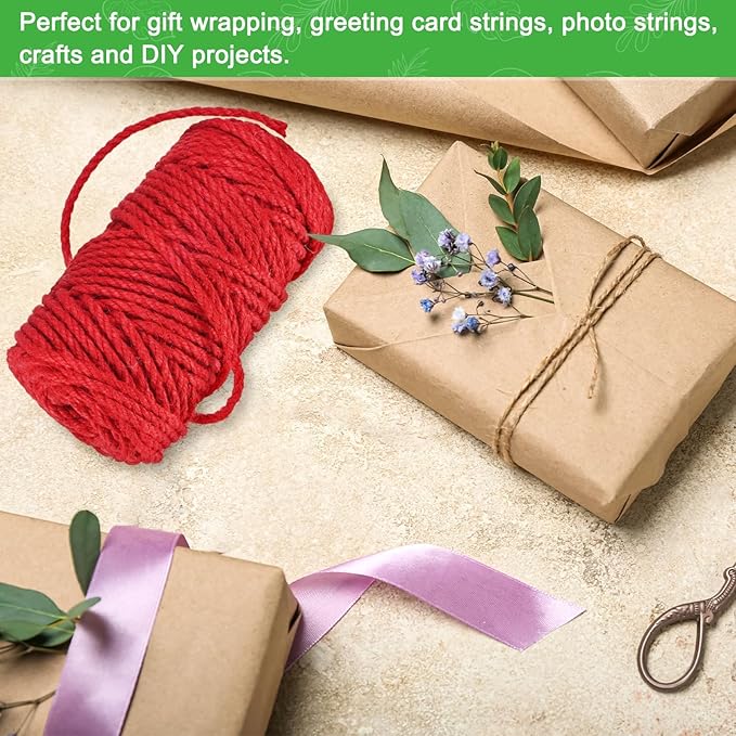 1-Pack Natural Jute Twine String, 4.5mm x 164ft/50m Long Garden Twine String for Crafts/Gift Wrapping/Gardening Plants, Durable Plant Ties Thick Rope [Red]
