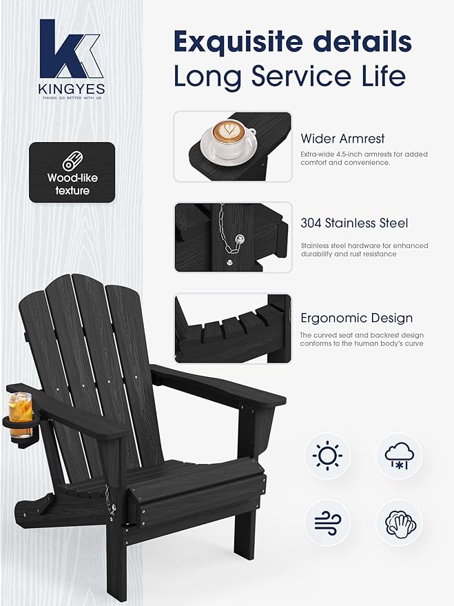 KINGYES Folding Adirondack Chair Set of 2, HDPE All-Weather Patio Chairs with Cup Holder, Wooden Textured Fire Pit Chairs for Poolside, Backyard, Deck, Black