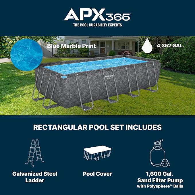 Bestway APX 365 18' x 9' x 52" Above Ground Pool, Rectangular Metal Frame Outdoor Swimming Pool Set with Sand Filter Pump, Ladder, and Cover, Dark Marble
