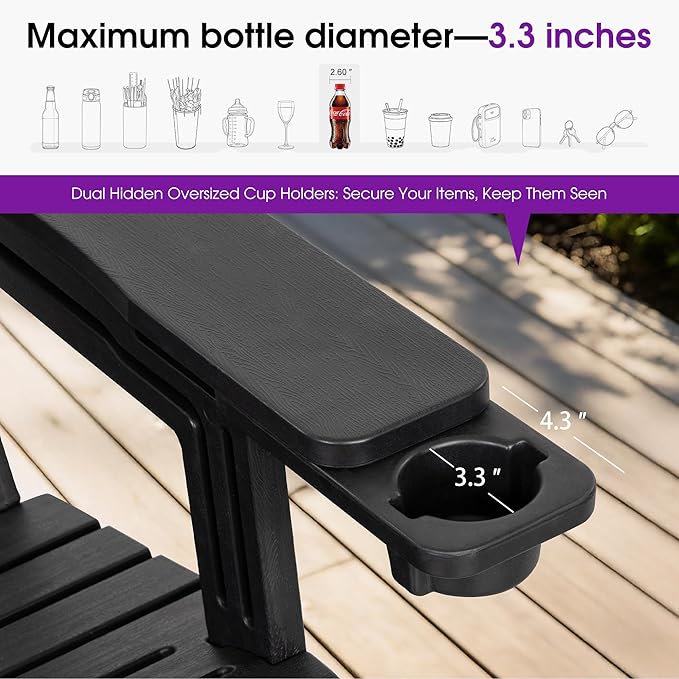 PURPLE LEAF Adirondack Chair Set of 4 HDPE All-Weather Outdoor Fire Pit Chair with 24.6" Oversized Seat Wood-Textured Patio Adirondack Chair with Dual Cup Holders for Garden Deck Backyard, Black