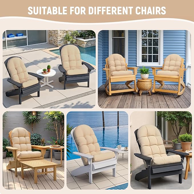 Adirondack Chair Cushion Set of 4, Rocking Chair Cushions, High Back Patio Cushions, Thickened Weather Resistant Patio Cushion with 6 Ties, Non Slip Fade & Waterproof