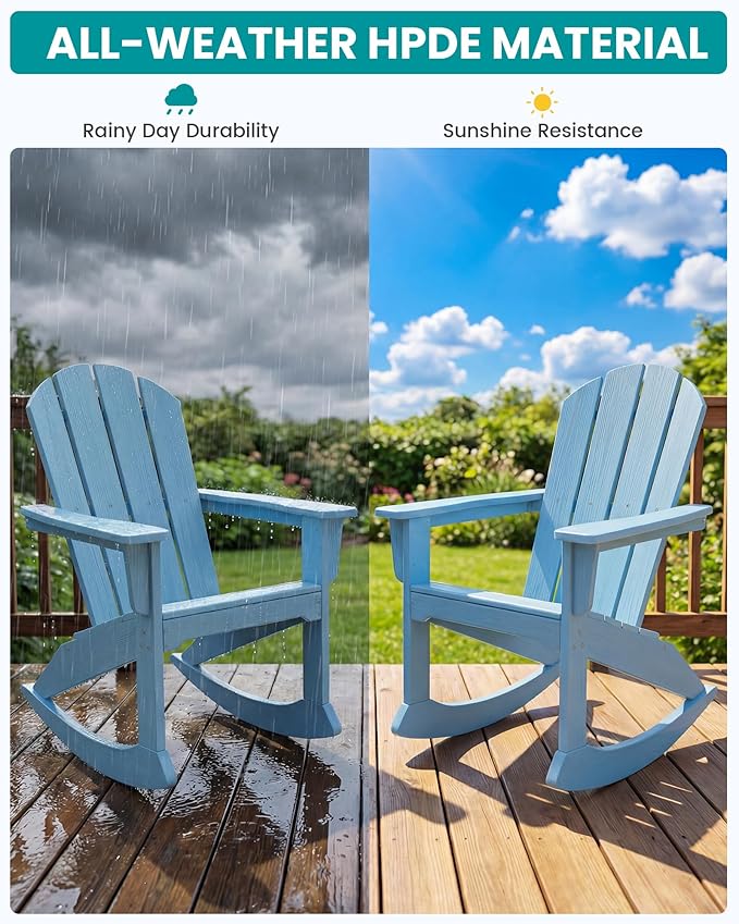 SERWALL Outdoor Adirondack Rocking Chair, All-Weather HDPE Adirondack Rocker Chair, Front Porch Rocker Chairs for Patio Lawn Porch Deck, Light Blue