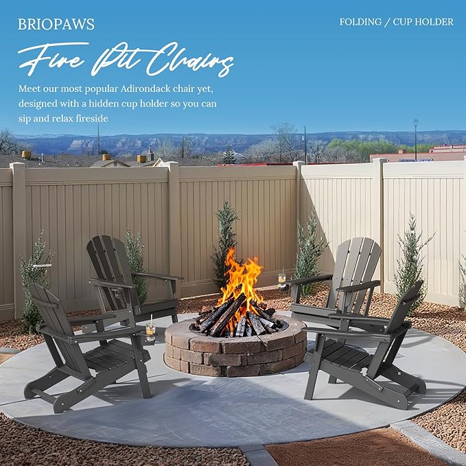 BRIOPAWS Folding-Adirondack-Chair | HDPE Plastic | Fire Pit Chairs | Cup Holder | Curved Back | All Weather | for Outdoor Backyard Deck Patio | Grey