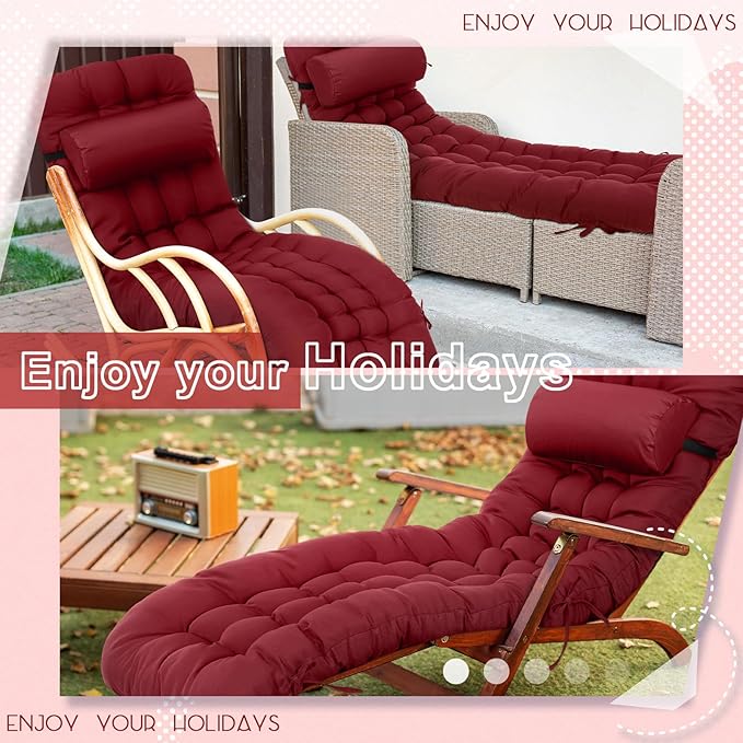 Tudomro 66'' Outdoor Chaise Lounge Cushion Waterproof Patio Lawn Pool Chaise Lounge Cushion with Headrest Pillow & Ties Weather Fade Resistant Replacement Longue Chair Pad