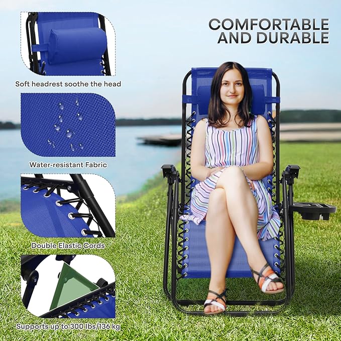 Athena Collection Zero Gravity Chair, Folding Lounge Chair, Reclining Camping Chair, Outdoor Zero Gravity Recliner with Adjustable Pillow and Cup Holder for Outside Beach Garden Patio Poolside - Blue