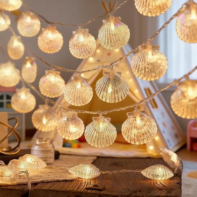 Natural Beach Shell String Light 9.8FT 20 LED Lights with Battery Operated Warm White LED Ocean Theme for Holiday Party, Wedding, Garden Decoration (Shell, 9.8FT)