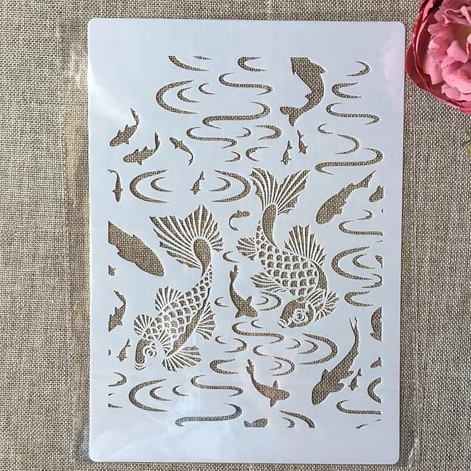TIAMECH A4 Reusable Double Fish Stencil for Painting - Carp Brook Layering Template, DIY Wall Art, Wood Furniture, Scrapbook & Crafts (8.3x11.7inch)