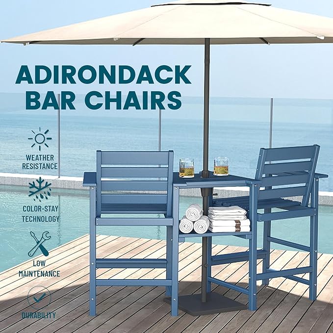 Tall Adirondack Chairs Set of 2, HDPE Balcony Chair, All Weather Adirondack Bar Height Chairs Set of 2 with Two Detachable Tray, Outdoor Bar Stools Set for Bistro, Poolside, Patio, Blue