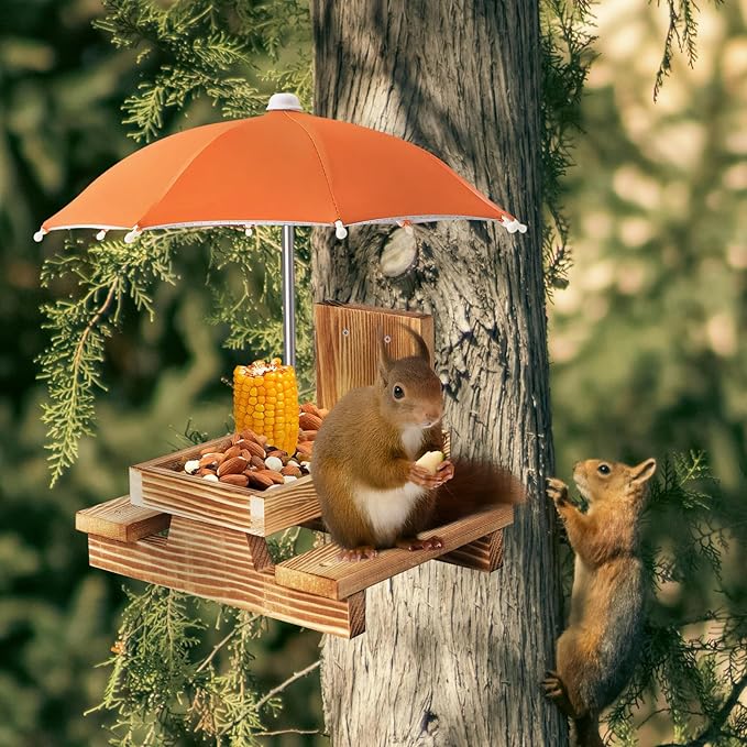 Gnodary Squirrel Feeder with Umbrella, Squirrel Feeders for Outside, Squirrel Picnic Table Feeder - Chipmunk Feeder Hold Corn, Corn Cob, Peanuts Style2 (Orange)