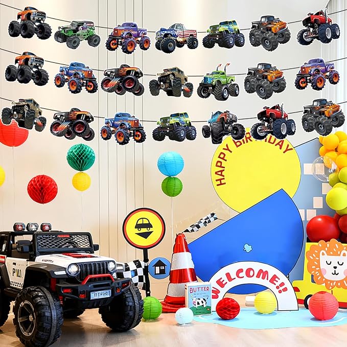 Monster Truck Happy Birthday Decorations Truck Car Birthday Decorations Party Decoration Racing Theme Party Supplies Decoration Suitable for Boys Girls Baby Party Children