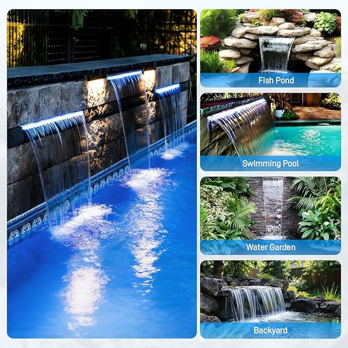 All-in-1 Pond Waterfall Kit with LED Light, 12 inch 304 Stainless Steel Spillway with 880 GPH 45W Pump, Filter Media Bag, Outdoor Waterfall Fountain for Water Feature, Garden, Backyard, Pool