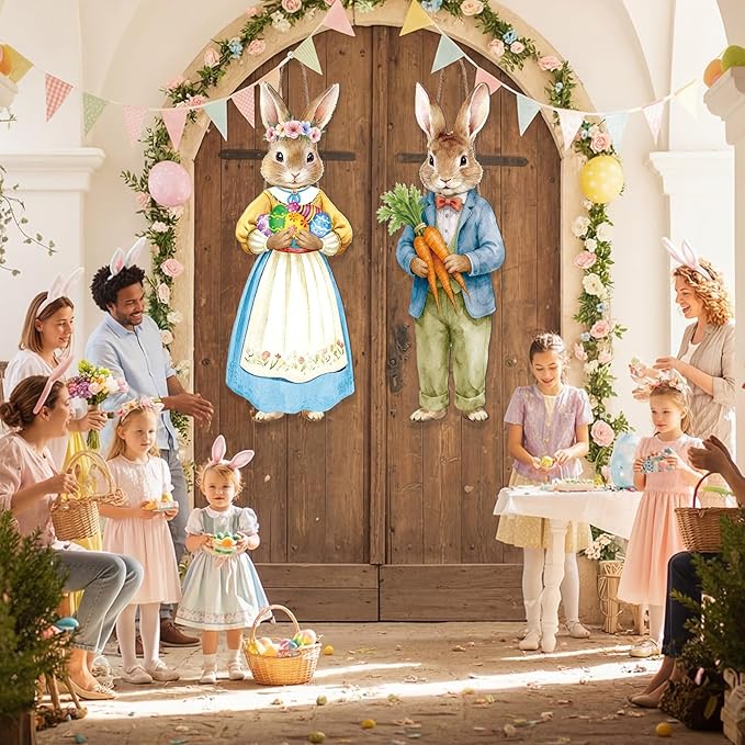 Thyle 2 Pcs Large Easter Bunny Hanging Sign 32.3 x 12.2 Inch Easter Wooden Front Door Decorations Rabbit Egg Carrot Hanger Porch Sign for Spring Outdoor Indoor Home Wall Decor