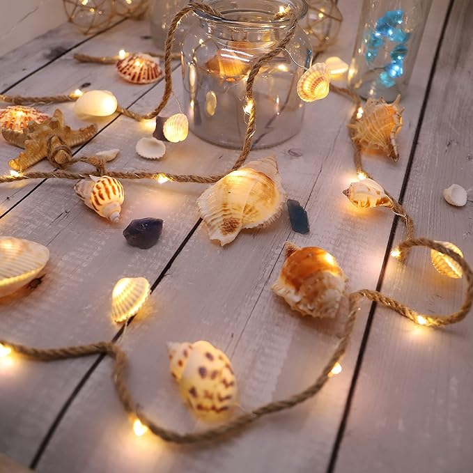 Seashell Garland Ocean Light for Beach Decor 7.2FT 39LED Battery Operated Coastal Garland Magic Conch Shell Beach Decorations for Home Coconut Girl Room Decor