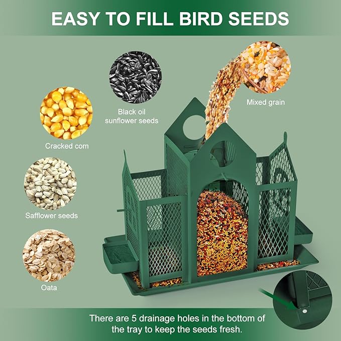 Solar Bird Feeder House for Outside Hanging, Large Capacity Birdhouse Bird Feeders Hanging for Outdoors, Metal Mesh Wild Birdfeeder for Finch Cardinal (Green and Black)