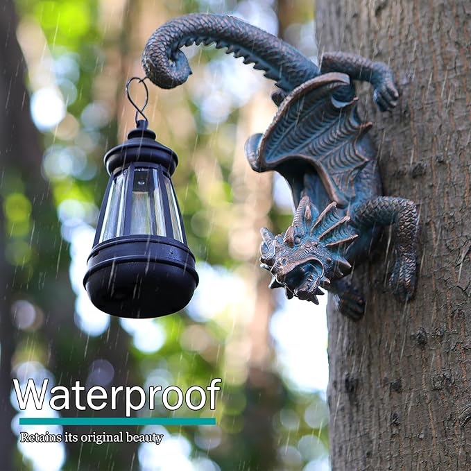 Solar Dragon Tree Hugger Statue Wall Decor - Whimsical Garden Statue with Solar Lantern, Outdoor&Yard Decor, Fantasy Dragon Figurine for Trees, Walls, or Fences - Unique Gifts for Women & Men