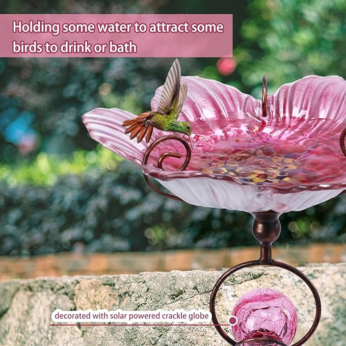 MUMTOP Glass Bird Baths for Outdoors, Flower Bird Baths Bowl with Solar Crackle Glass Globe Lights Decorations and Metal Stake for Outdoor Garden Yard Lawn Outside, Pink