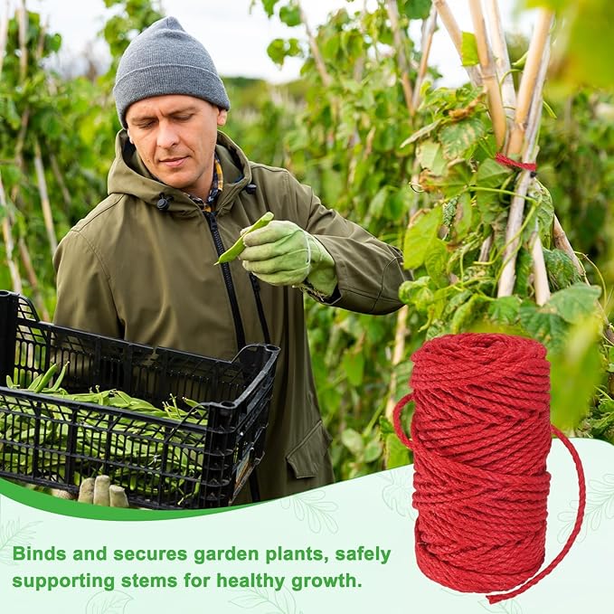 1-Pack Natural Jute Twine String, 4.5mm x 164ft/50m Long Garden Twine String for Crafts/Gift Wrapping/Gardening Plants, Durable Plant Ties Thick Rope [Red]