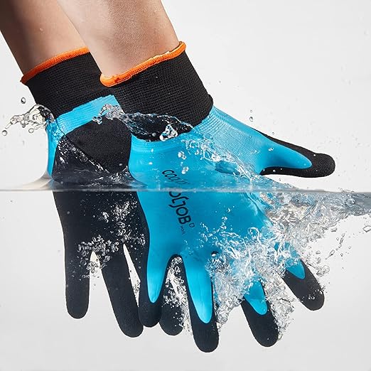 COOLJOB Waterproof Gardening Work Gloves with grip for Women & Men, Double Rubber Coated for Garden Yard Outdoor Construction Worker, Blue Large Size 2 Pairs