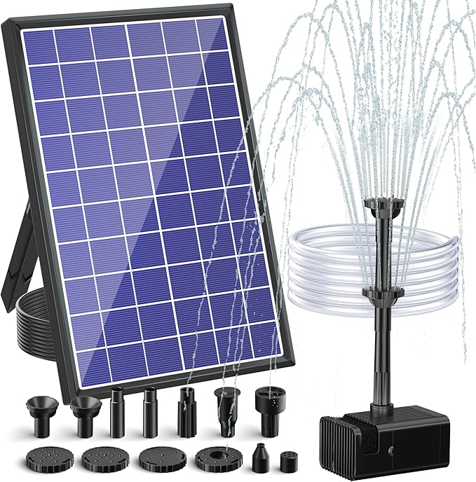 POPOSOAP 8W Solar Water Pump Built-in 3600mAh Battery Backup, Solar Bird Bath Pump with 9.8Ft Cable, 8 Nozzles & PVC Tubing, Solar Fountain for Bird Bath Garden Fish Tank Pond Water Feature P108D
