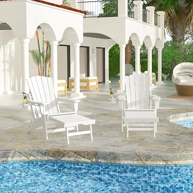 Folding Adirondack Chair with Retractable Ottoman Set of 2, All Weather Fire Pit Chairs with Cup Holder, Outdoor Chair with Ottoman,White