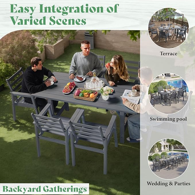 AMERLIFE 7-Piece HDPE Outdoor Dining Set with Umbrella Hole, 71" L Patio Table and Chairs Set for 6, Modern Garden Dining Set for Backyard, Poolside, Porch, Gray