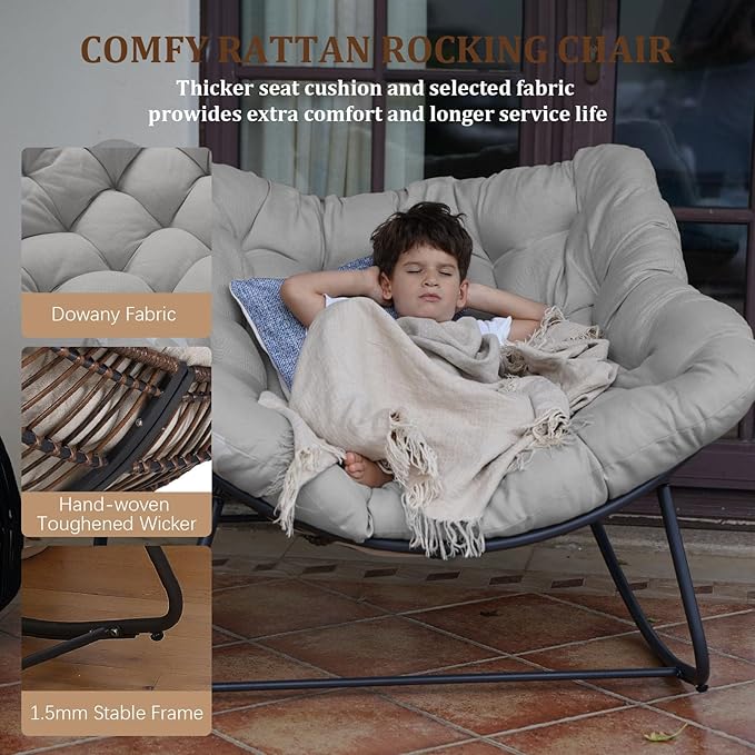 Rocking Papasan Chair, Oversized Outdoor Rocking Chair Rattan Rocking Chair with Deep Seat Thick Cushion, Patio Rocking Chair for Indoor/Porch/Garden (Light Grey & Black)