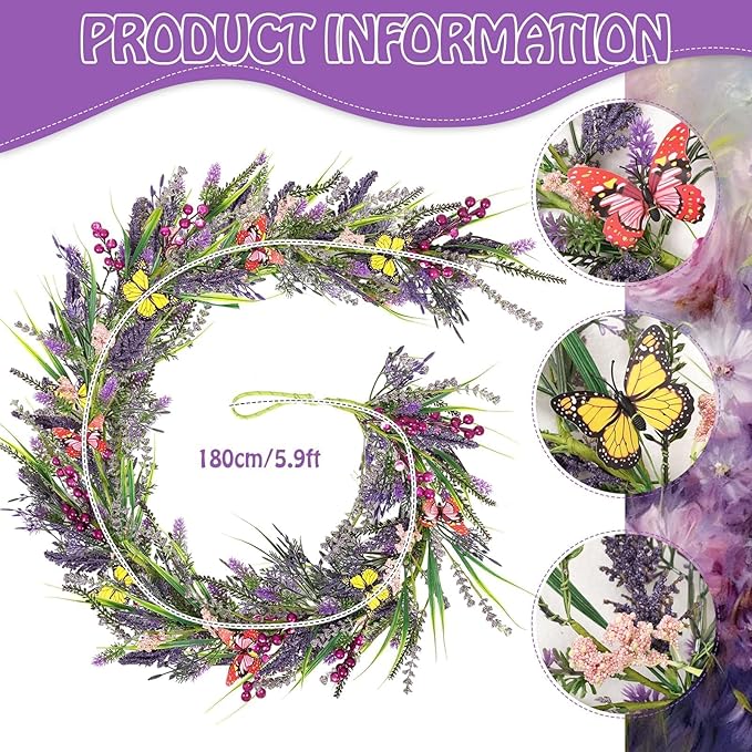 6.5 Ft Artificial Lavender Purple Garland Spring Summer Lavender Wild Flower Butterflies Wreath Swags Vine for Wedding Arch Porch Stair Table Indoor Door Home Mantle Fireplace All Year Decoration