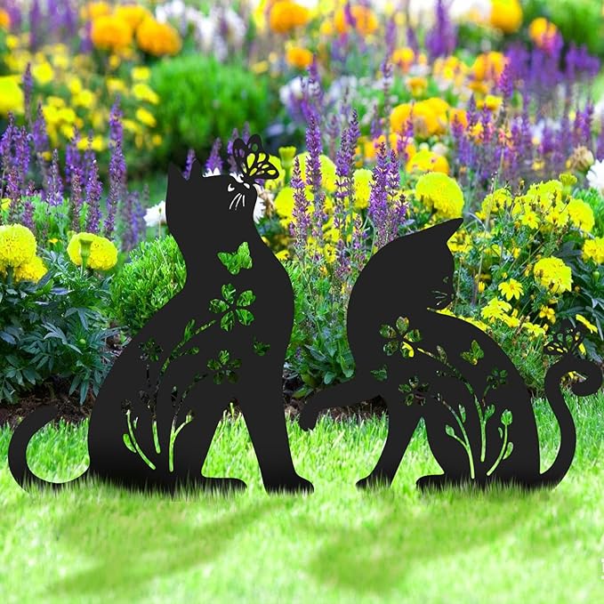2 Packs Cat Garden Decor for Outside, Cat Gifts for Women/Men/Mom/Grandma, Metal Decorative Garden Stakes for Outdoor Lawn Statues Yard Art
