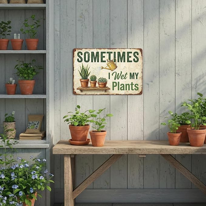 Funny Plant Tin Sign - "Sometimes My Plants", ucculent & Cactus Metal Art, Metal Sign - 8x12 Aluminum Wall Decor for Shed, Bathroom, Garden, Sunroom, Housewarming Gift