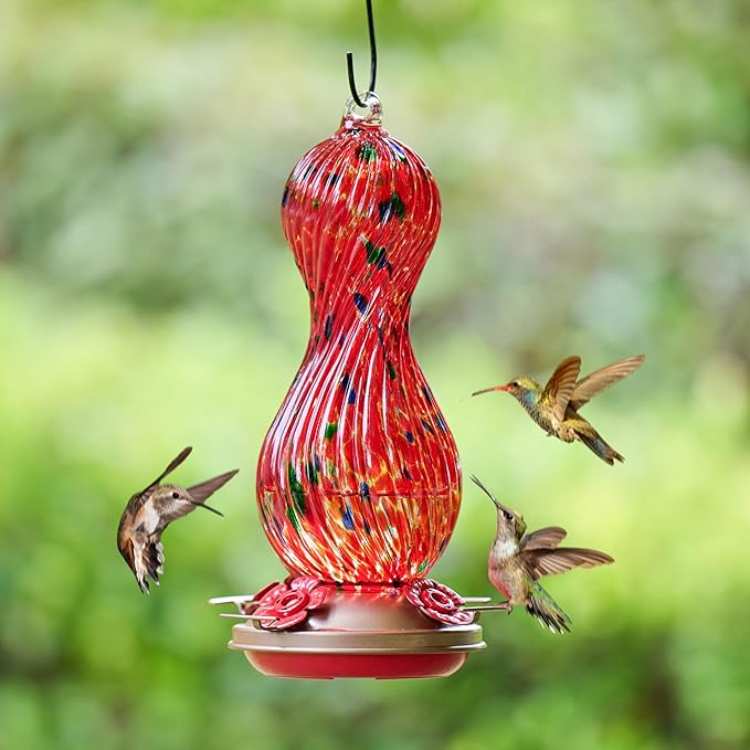 Hummingbird Feeder for Outdoors Hanging, Hand Blown Glass 24 OZ Capacity Hummingbird Bird Nectar Feeders with 4 Feeding Ports, Gifts for Women Mom Outside Garden Backyard Decor (Red-Green)