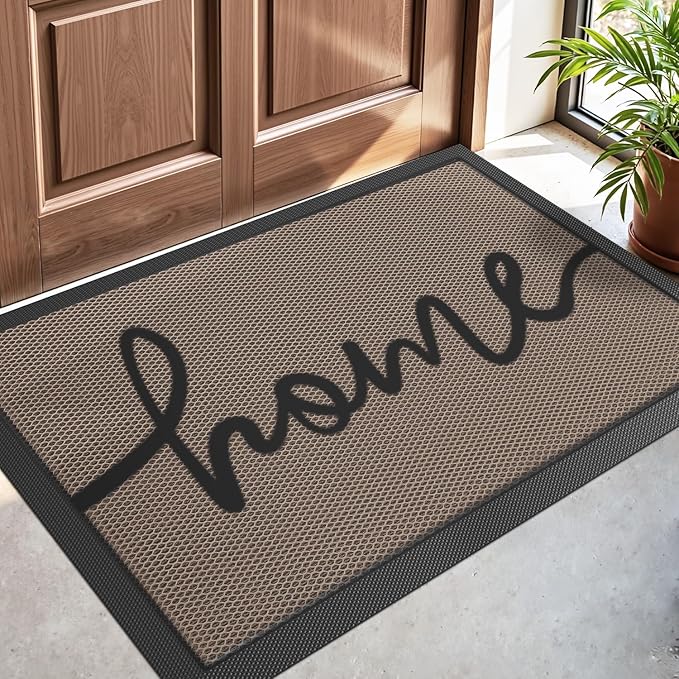 DEXI Front Door Mat Outside Entrance 17x30, Non Slip Dirt Trapper Doormat for Entryway, Heavy Duty Low Profile Floor Entry Mats Inside Decorative, Home Brown