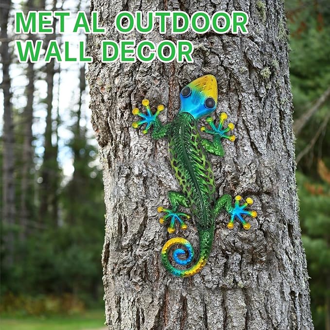 POXOHO Metal Gecko Wall Decor - Durable Outdoor Lizard Wall Art for Garden, Patio, Yard | Handcrafted Steel Lizard Sculpture with Rust-Resistant Coating | 3D Textured Reptile Decor (14 Inch)