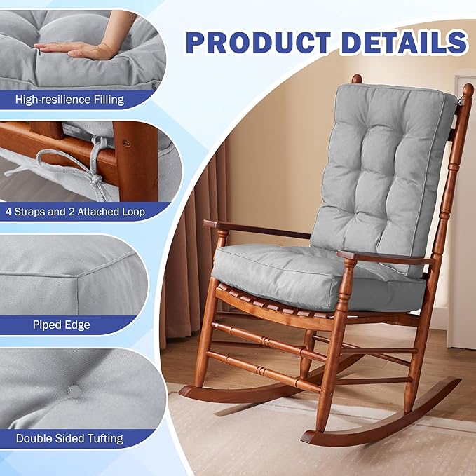 Rocking Chair Cushion, Waterproof and Fade-Resistant Patio Chair Cushions, Tufted Chair Pads for Rocker Furniture, 17x17 Inch, Indoor/Outdoor Seat Cushions with Ties, Light Grey