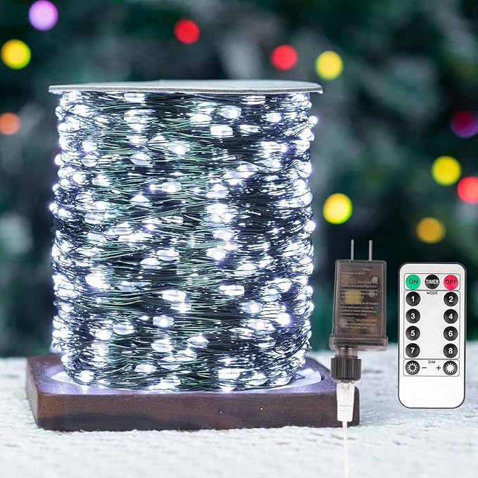 Fairy Lights Plug in,100FT 300LEDs Waterproof Led String Lights,8 Modes Remote Twinkle Light for Outdoor Indoor Christmas Wedding Birthday Garden Party Decorations,Green Wire,Cool White