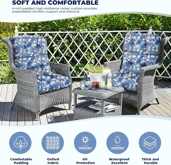 Outdoor/Indoor High Back Chair Cushion, Waterproof Outdoor Rocking Chair Cushion with Ties, Tufted Replacement Seat Cushions for Outdoor Furniture, Blue Floral