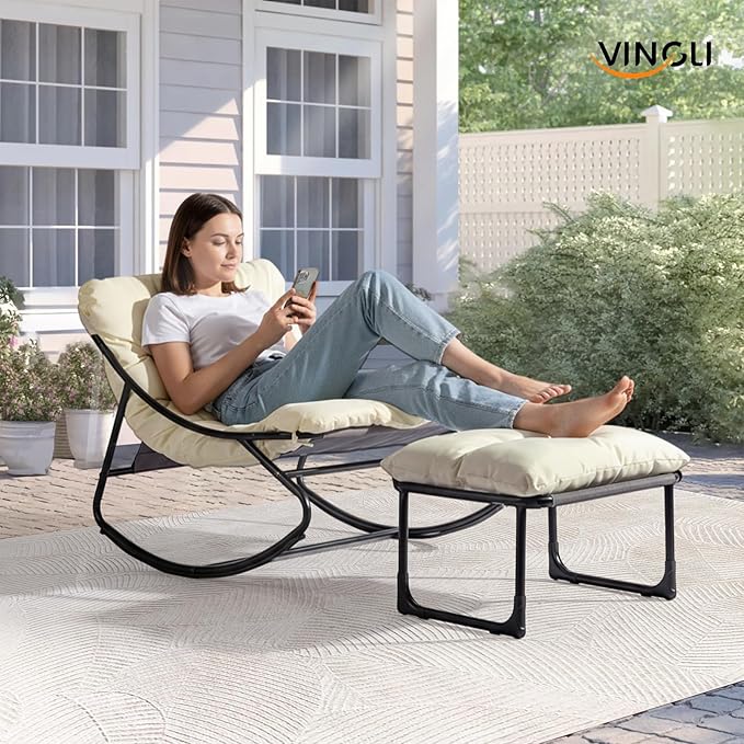 VINGLI Outdoor Rocking Chair with Ottoman, Comfortable Cushioned Lounge Chair for Indoor & Outdoor, Supports 400 LBS, White