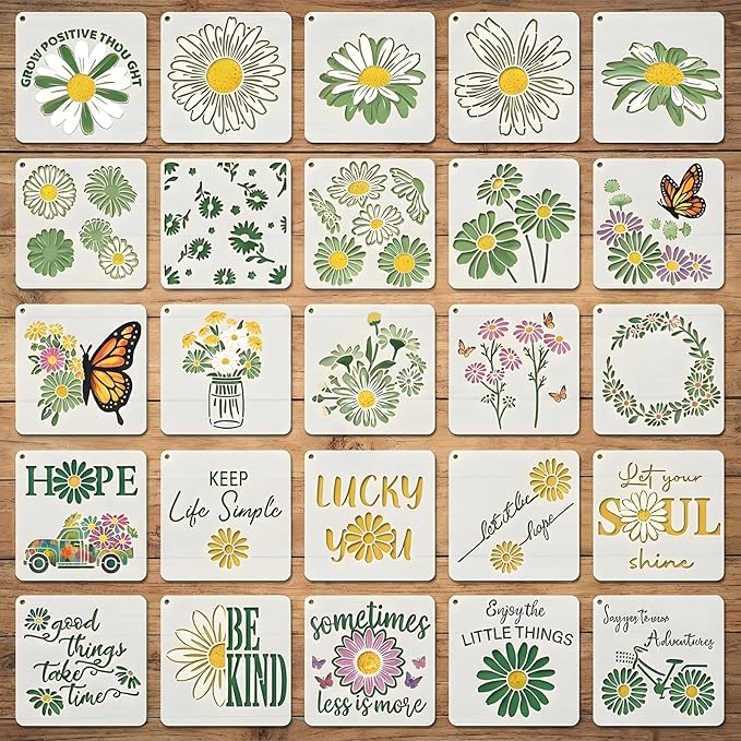 25 PCS Daisy Stencils for Painting, Stencils for Crafts Reusable 6 x 6 Inch Floral Quote Templates for Wood Signs Journals Cards and Cheerful Decor