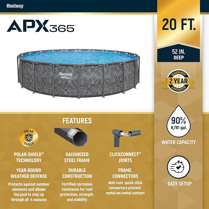 Bestway APX 365 20' x 52" Above Ground Pool, Round Metal Frame Outdoor Swimming Pool Set with Sand Filter Pump, Ladder, and Cover, Dark Marble