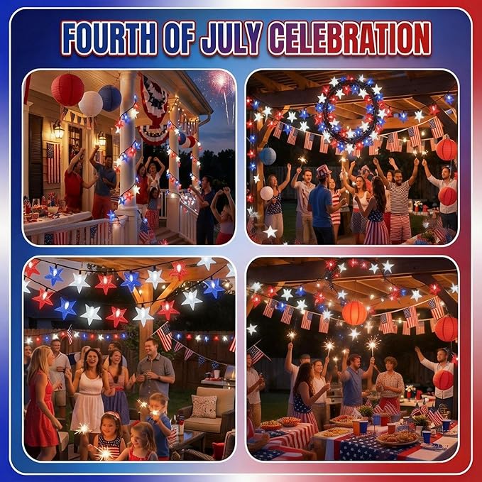 4th of July Twinkle Solar Star String Lights Decorations Outdoor Waterproof Fairy Lights 39FT Red White and Blue 100 LED with 8 Lighting Modes for Independence Day President Day Memorial Day
