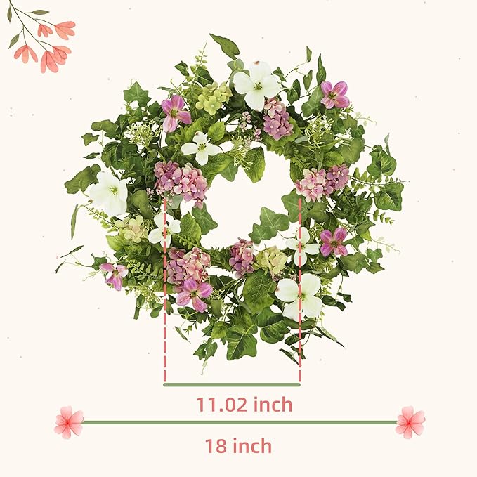 YNYLCHMX 18" Spring Summer Wreaths for Front Door, Artificial Floral Wreath with Pink Hydrangea Green Eucalyptus Leaves, Green Foliage Wreath for Wall Window Farmhouse Party Holiday Home Decor