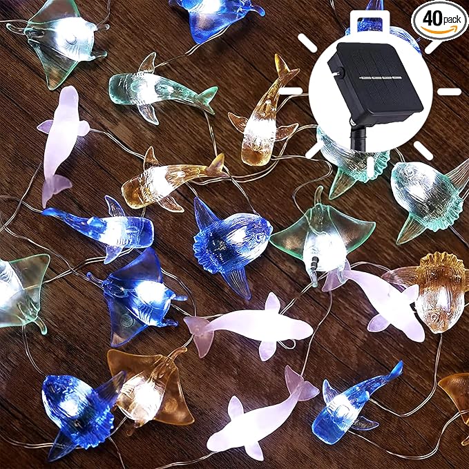 Nautical Solar Lights for Outside Sea Fish Outdoor Garden Decor Marine Fairy Garden Light Waterproof Whale Shark Mola Manta Ocean Solar Outdoor Decorative String Lights 14ft 40LED Patio Yard Decor