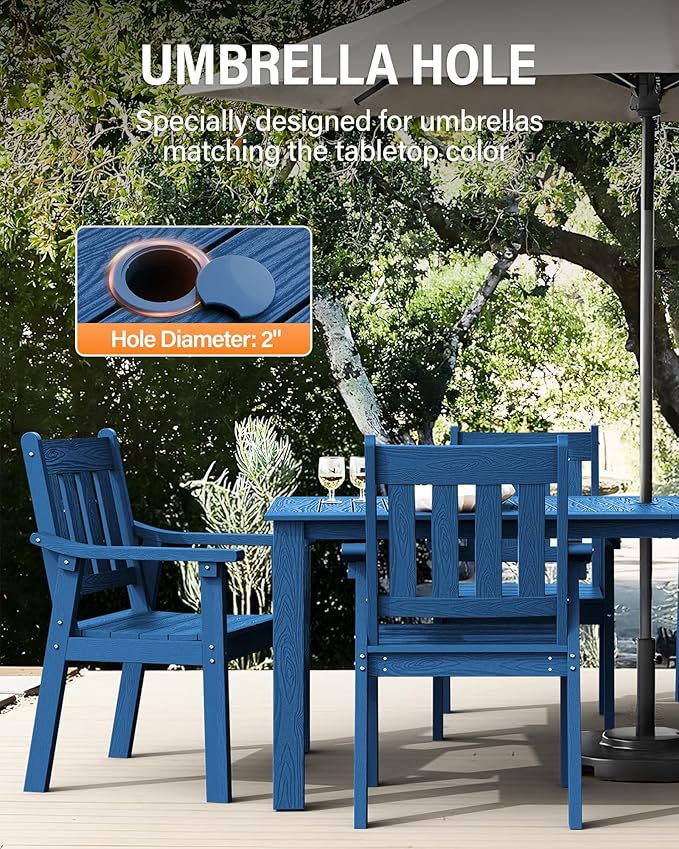 YEFU HIPS Patio Table Set: 5 Piece Outdoor Table and Chairs Dining Furniture Set with Umbrella Hole - Blue Modern Plastic Dining Sets 4 Person for Outside Deck with Metal Aluminum Frame