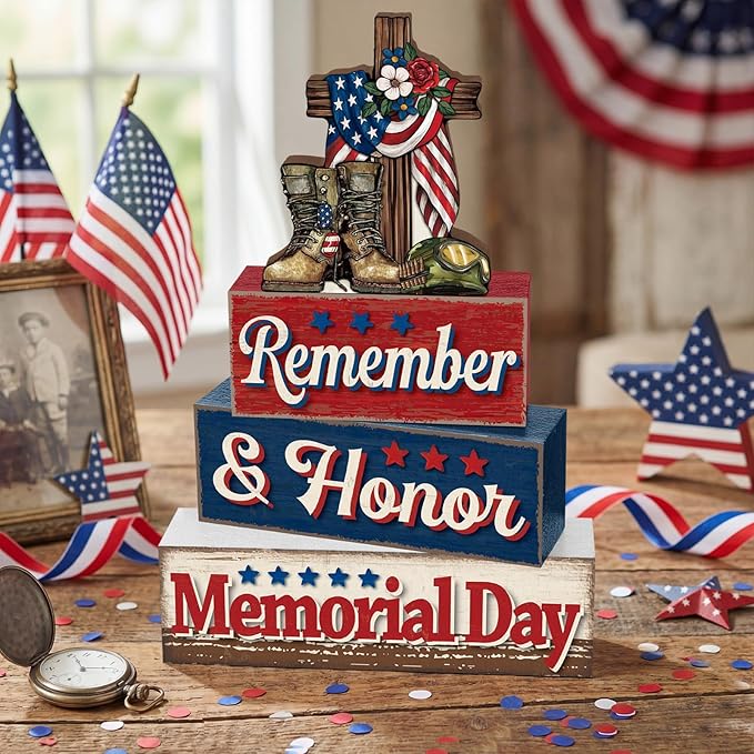 4 Pcs Memorial Day Table Decor Patriotic Remember Honor Our Heroes Wooden Sign Fourth of July Tiered Tray Decor Red White Blue Table Centerpiece for Home Office Desk Shelf Mantel Decorations