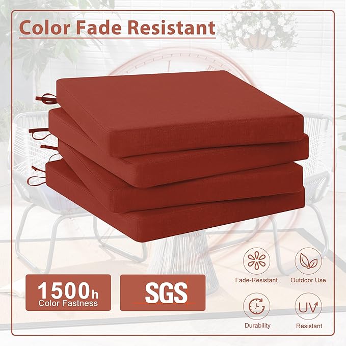 Favoyard Outdoor Chair Cushion Set of 4 Rainproof & Color Fade Resistant 19 x 19 x 2 in Square Corner Patio Furniture Cushions with Waterproof Hidden Zipper Attach Ties for Dining Table Chairs Seats